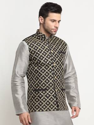 Men Silk Embroided Zari Black Nehru Jacket Only 4
