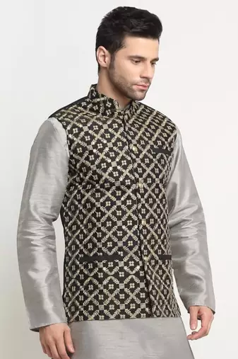 Men Silk Embroided Zari Black Nehru Jacket Only
