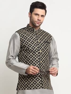 Men Silk Embroided Zari Black Nehru Jacket Only 5