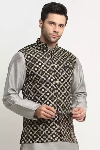 Men Silk Embroided Zari Black Nehru Jacket Only