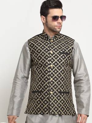 Men Silk Embroided Zari Black Nehru Jacket Only 6