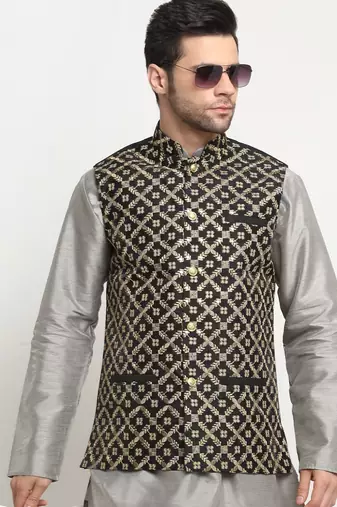 Men Silk Embroided Zari Black Nehru Jacket Only
