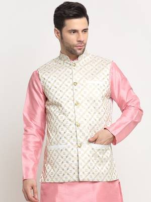 Men Silk Embroided Zari Cream Nehru Jacket Only 1