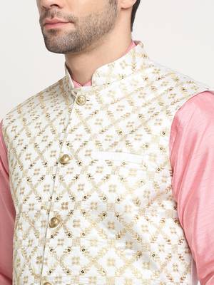 Men Silk Embroided Zari Cream Nehru Jacket Only 2