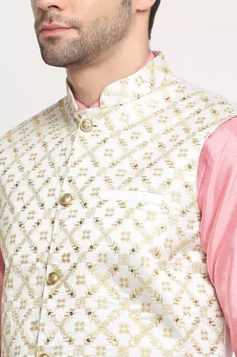Men Silk Embroided Zari Cream Nehru Jacket Only