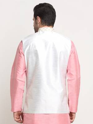 Men Silk Embroided Zari Cream Nehru Jacket Only 3