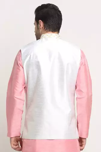 Men Silk Embroided Zari Cream Nehru Jacket Only