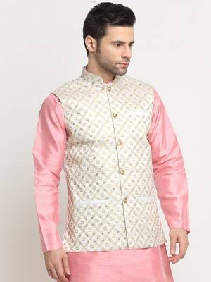 Men Silk Embroided Zari Cream Nehru Jacket Only 4