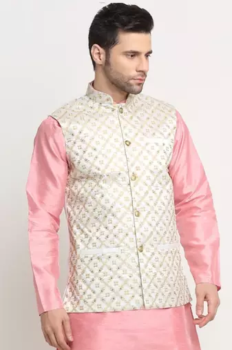 Men Silk Embroided Zari Cream Nehru Jacket Only