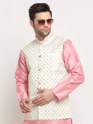 Men Silk Embroided Zari Cream Nehru Jacket Only 5