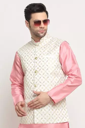 Men Silk Embroided Zari Cream Nehru Jacket Only