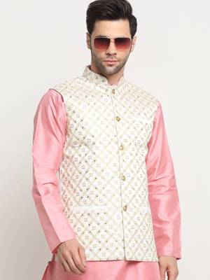 Men Silk Embroided Zari Cream Nehru Jacket Only 6