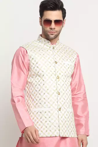 Men Silk Embroided Zari Cream Nehru Jacket Only