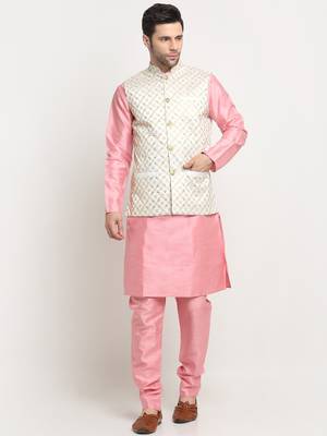 Men Silk Embroided Zari Cream Nehru Jacket Only 7
