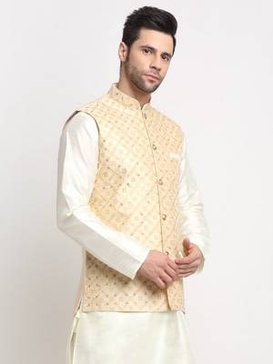 Beige Silk Blend Woven Work Nehru Jacket Only 1