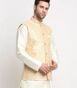 Beige Silk Blend Woven Work Nehru Jacket Only