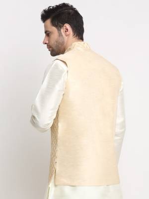 Beige Silk Blend Woven Work Nehru Jacket Only 3