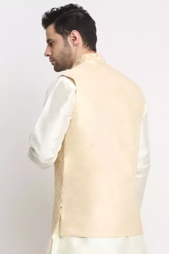 Beige Silk Blend Woven Work Nehru Jacket Only