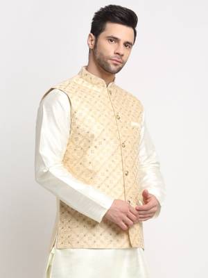Beige Silk Blend Woven Work Nehru Jacket Only 4