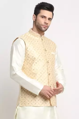 Beige Silk Blend Woven Work Nehru Jacket Only