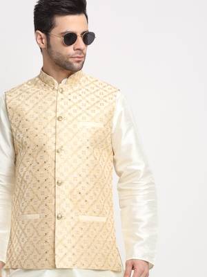 Beige Silk Blend Woven Work Nehru Jacket Only 5