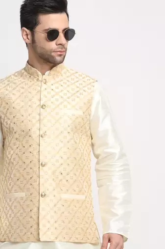 Beige Silk Blend Woven Work Nehru Jacket Only