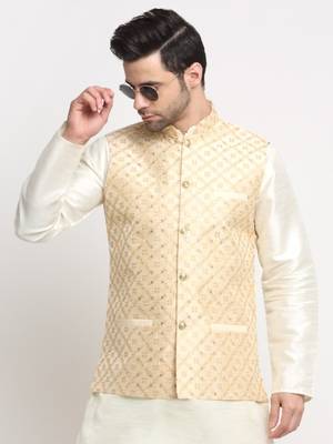 Beige Silk Blend Woven Work Nehru Jacket Only 6