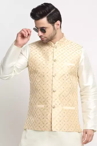 Beige Silk Blend Woven Work Nehru Jacket Only