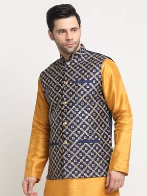 Men Silk Embroided Zari Navy Blue Nehru Jacket Only 1