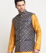Men Silk Embroided Zari Navy Blue Nehru Jacket Only