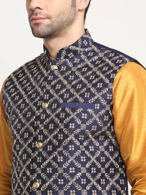Men Silk Embroided Zari Navy Blue Nehru Jacket Only 2