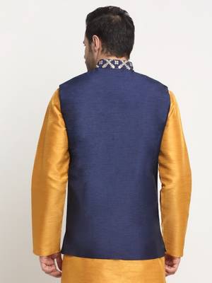 Men Silk Embroided Zari Navy Blue Nehru Jacket Only 3