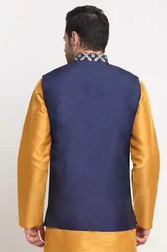 Men Silk Embroided Zari Navy Blue Nehru Jacket Only