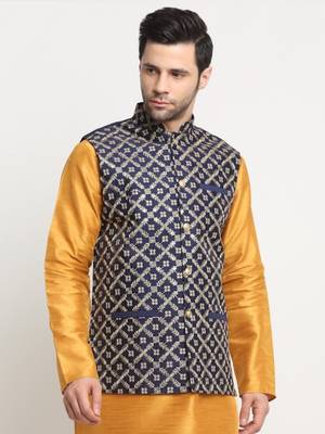 Men Silk Embroided Zari Navy Blue Nehru Jacket Only 4