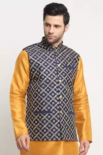 Men Silk Embroided Zari Navy Blue Nehru Jacket Only