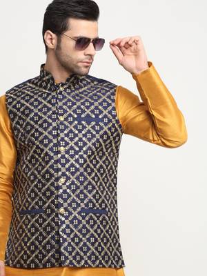 Men Silk Embroided Zari Navy Blue Nehru Jacket Only 5