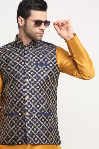 Men Silk Embroided Zari Navy Blue Nehru Jacket Only