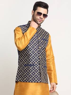 Men Silk Embroided Zari Navy Blue Nehru Jacket Only 6