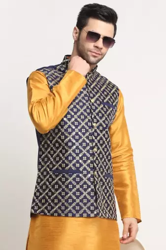 Men Silk Embroided Zari Navy Blue Nehru Jacket Only