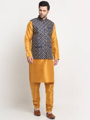 Men Silk Embroided Zari Navy Blue Nehru Jacket Only 7