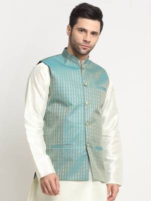 Men Woven Blue Nehru Jacket Only 1