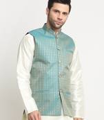 Men Woven Blue Nehru Jacket Only