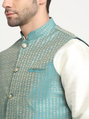 Men Woven Blue Nehru Jacket Only 2