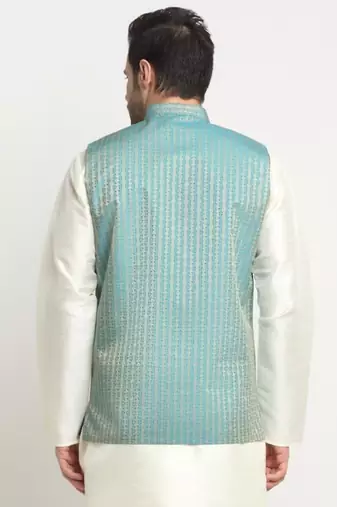 Men Woven Blue Nehru Jacket Only