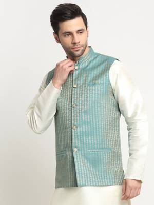 Men Woven Blue Nehru Jacket Only 4