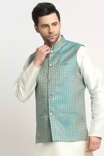 Men Woven Blue Nehru Jacket Only
