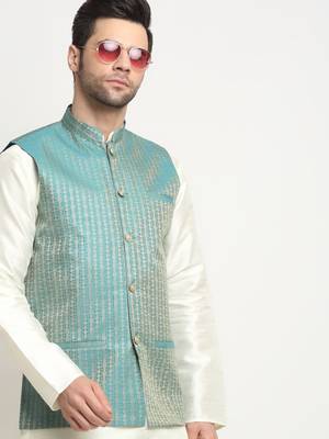 Men Woven Blue Nehru Jacket Only 5