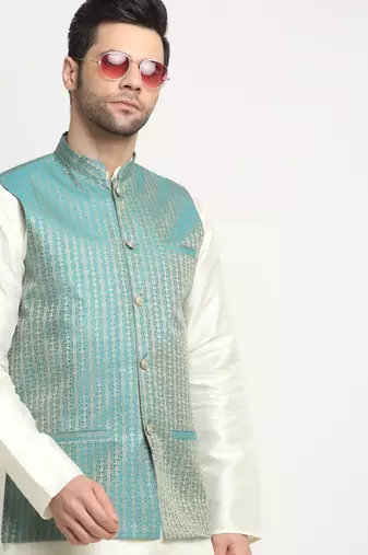 Men Woven Blue Nehru Jacket Only
