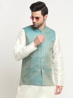 Men Woven Blue Nehru Jacket Only 6
