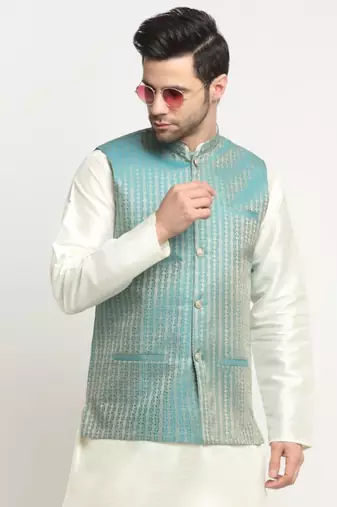 Men Woven Blue Nehru Jacket Only